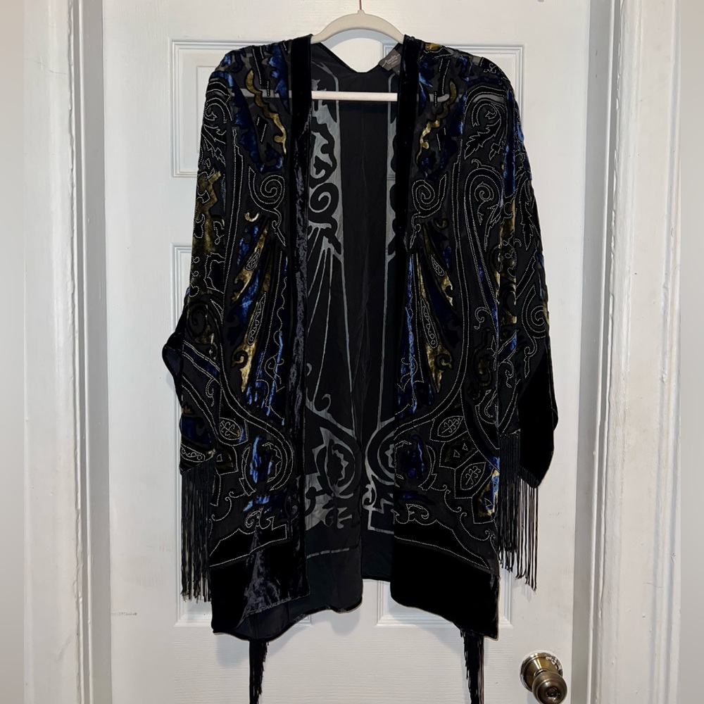 CHICOS Black Mesh and Velvet Fringe Short Kimono